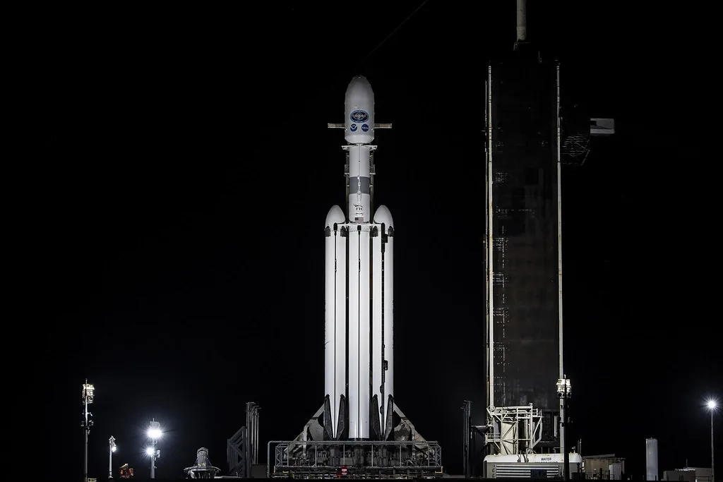 SpaceX Falcon Heavy rocket vertical on launch pad 39A