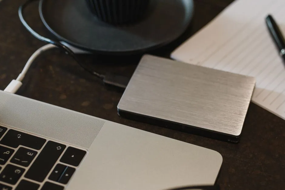 An external hard drive connected to a computer