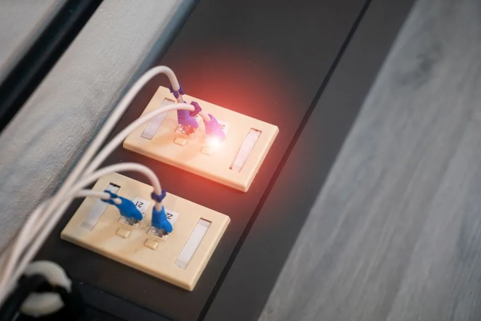 이더넷 포트와 켜진 LED 표시등 클로즈업