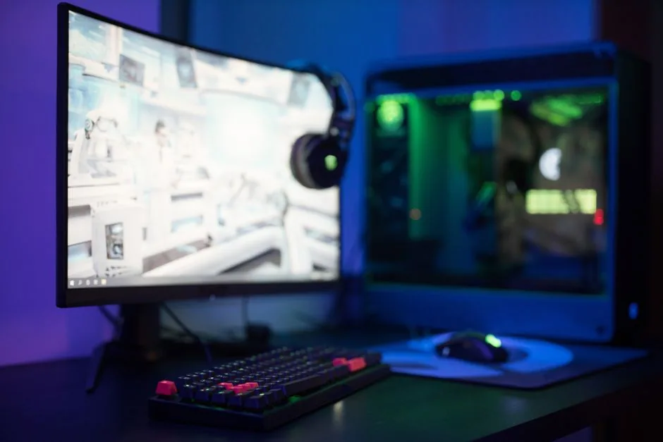 Gaming setup with a curved monitor and RGB keyboard