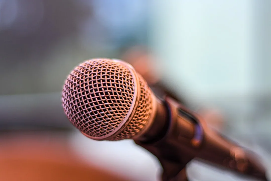 grey microphone on wooden stand