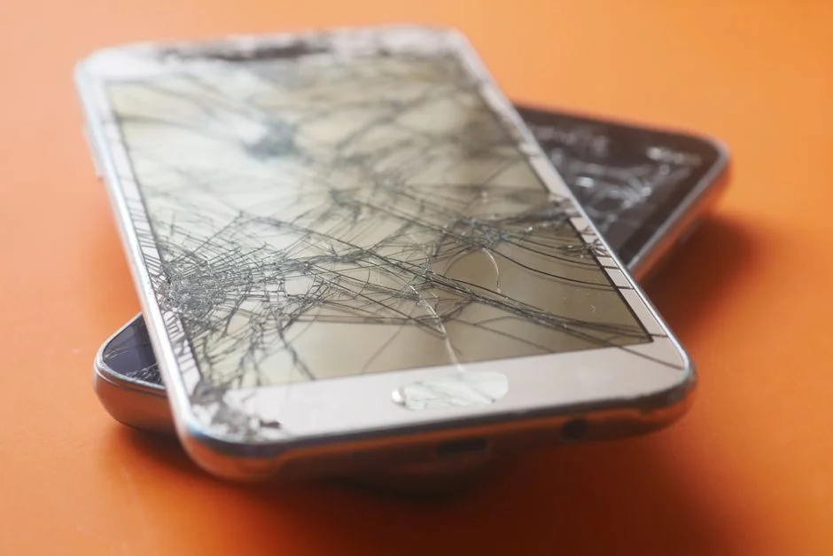 Reference photo of two smartphones with cracked screens placed on an orange background. It is not a photo of the iPhone Duo's internal display or the actual $999 repair cost, but a generic scene evoking the topic of repair costs without an application.